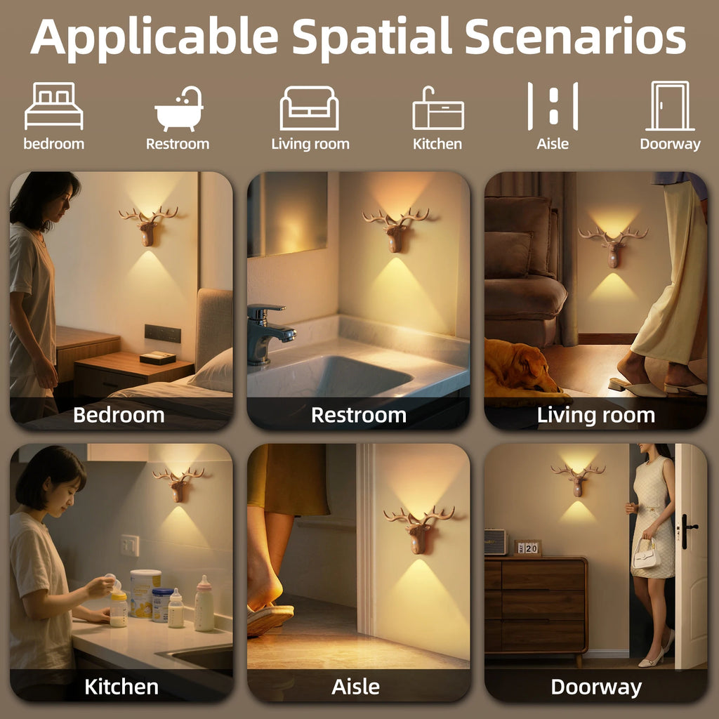 Nordic Wireless Magnetic Motion Sensor Reindeer Wall Light USB Rechargeable Night Light Stair Bedroom Bedside LED Wall Lamps