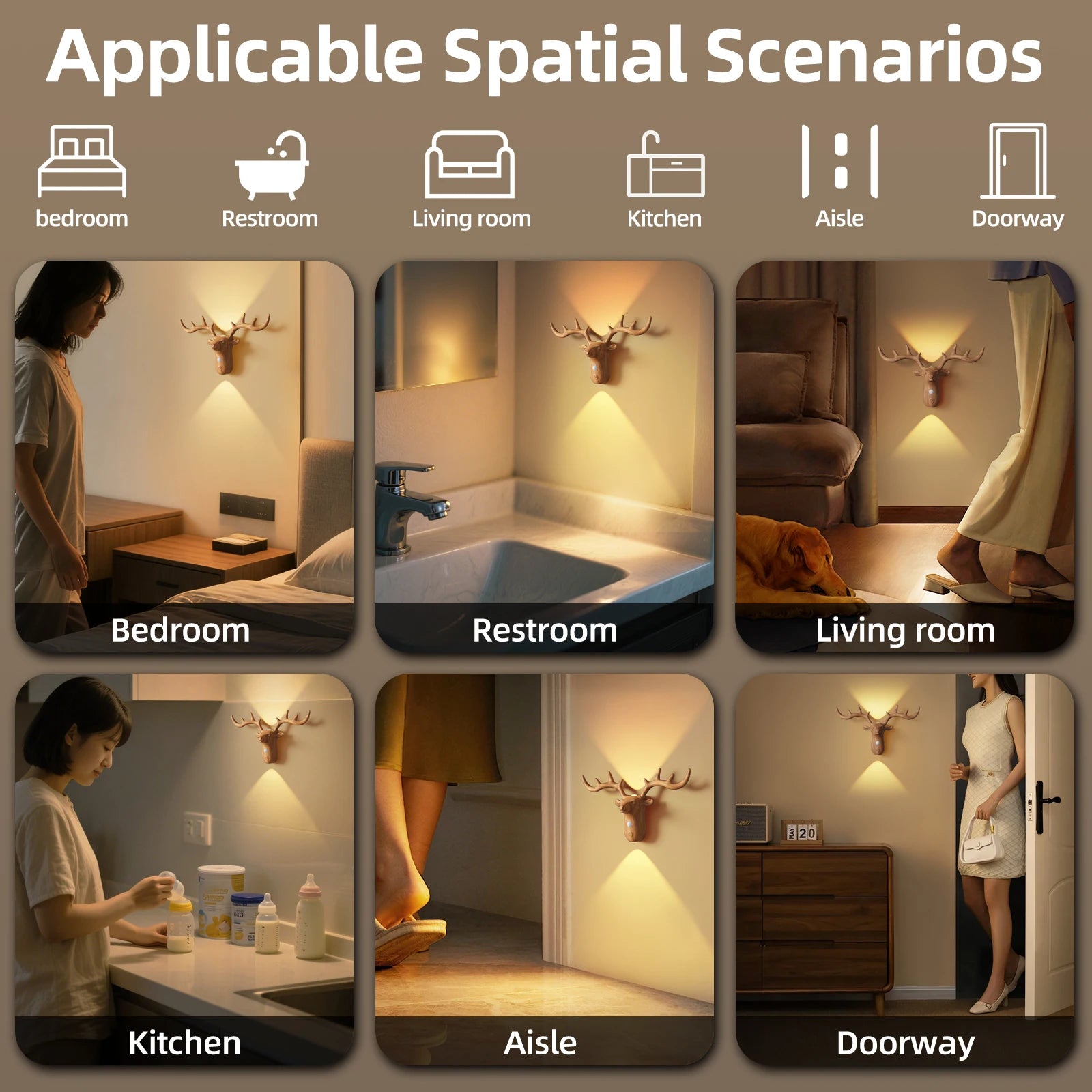 Nordic Wireless Magnetic Motion Sensor Reindeer Wall Light USB Rechargeable Night Light Stair Bedroom Bedside LED Wall Lamps