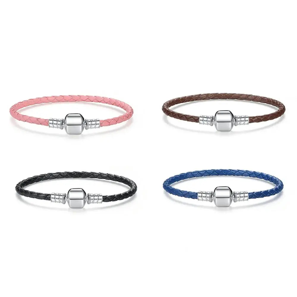 BAMOER Genuine Long Double Pink Black Braided Leather Chain Women Bracelets with 925 Sterling Silver Snake Clasp PAS908