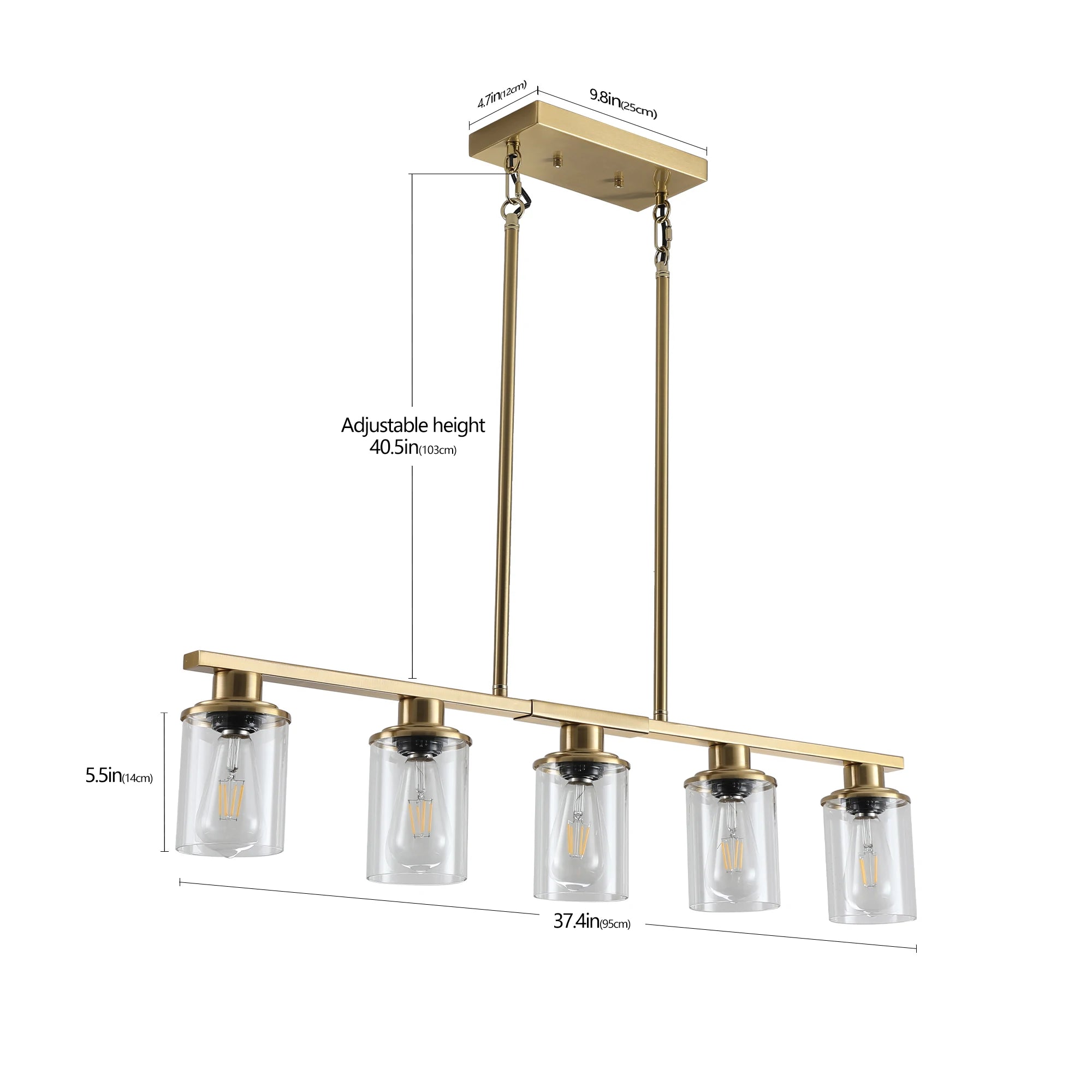 37" Modern Industrial 5-Light Chandelier with Clear Glass Shades, Golden Metal Frame Hanging Ceiling Light Fixture (No Bulbs)