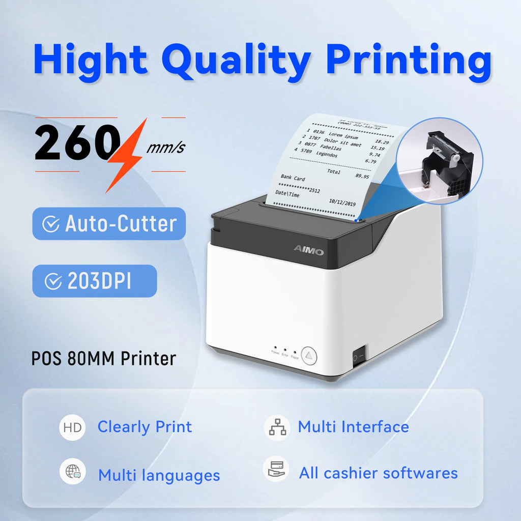 80mm High-Speed Ticket Printer with bluetooth Usb Thermal Receipt Printer Auto Cutter Receipt Pos Bill Printer