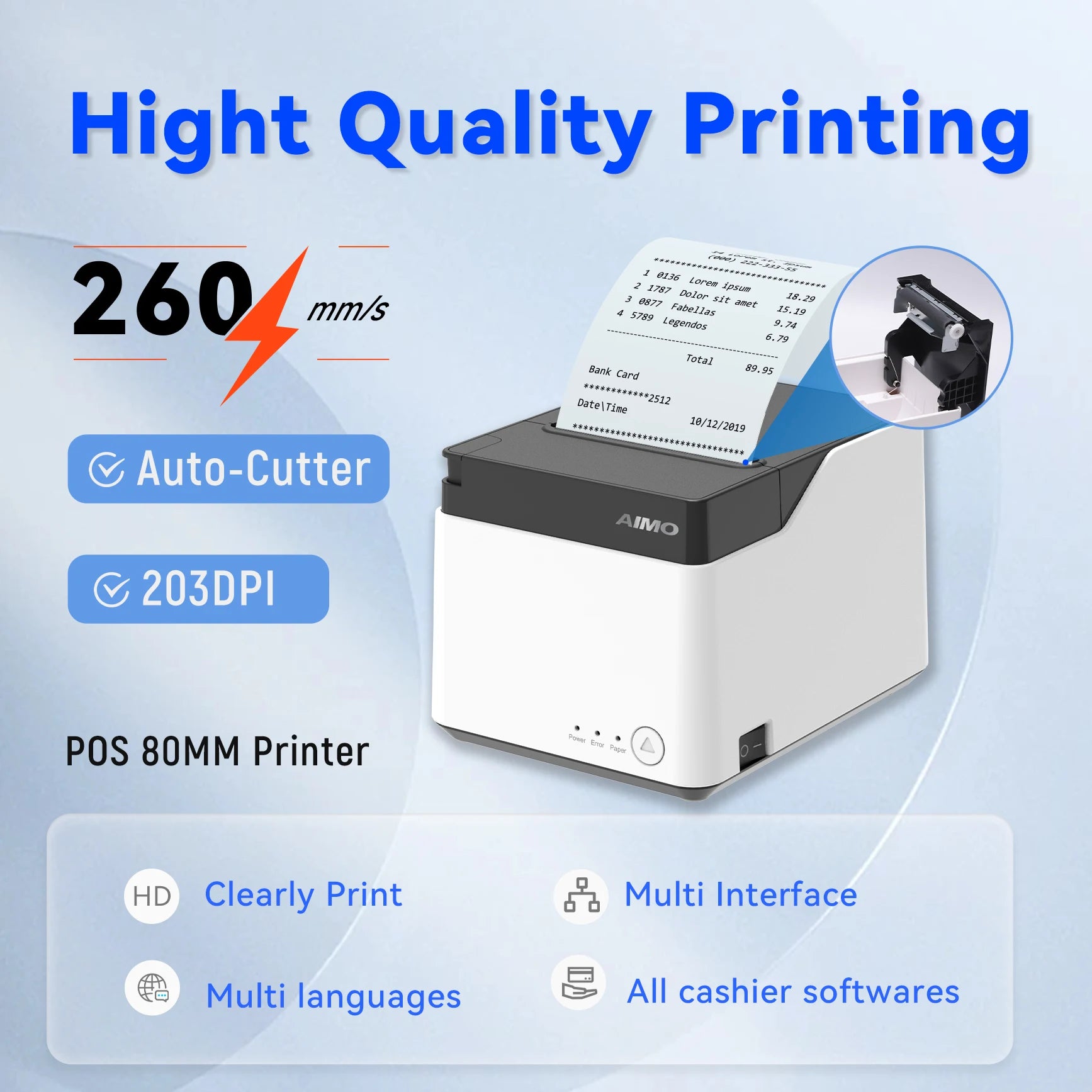 80mm High-Speed Ticket Printer with bluetooth Usb Thermal Receipt Printer Auto Cutter Receipt Pos Bill Printer