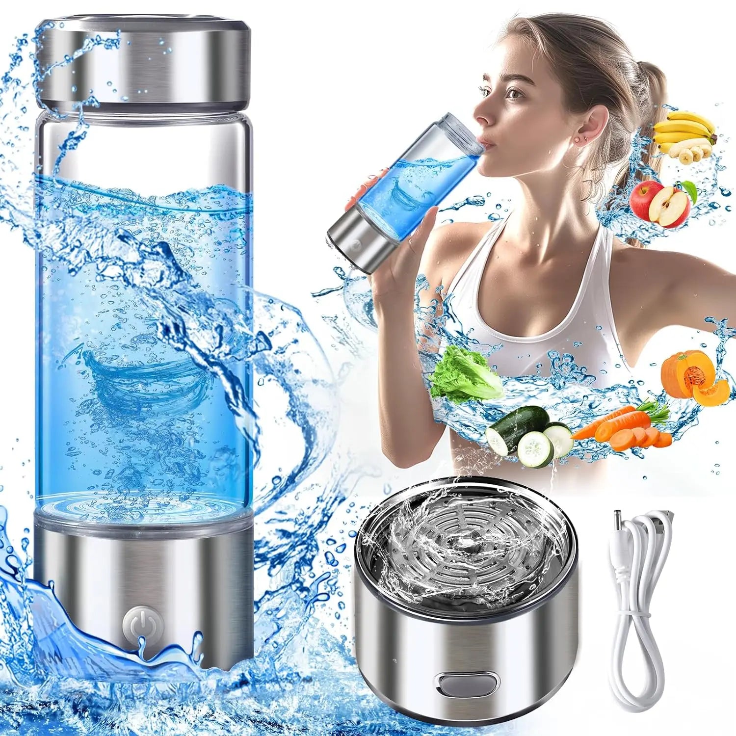 3-in-1 Rechargeable Hydrogen Rich Sport Water Cup Ionizer Bottle 420ml 300ml 5000ppb USB Electric Powered for Household Car Use