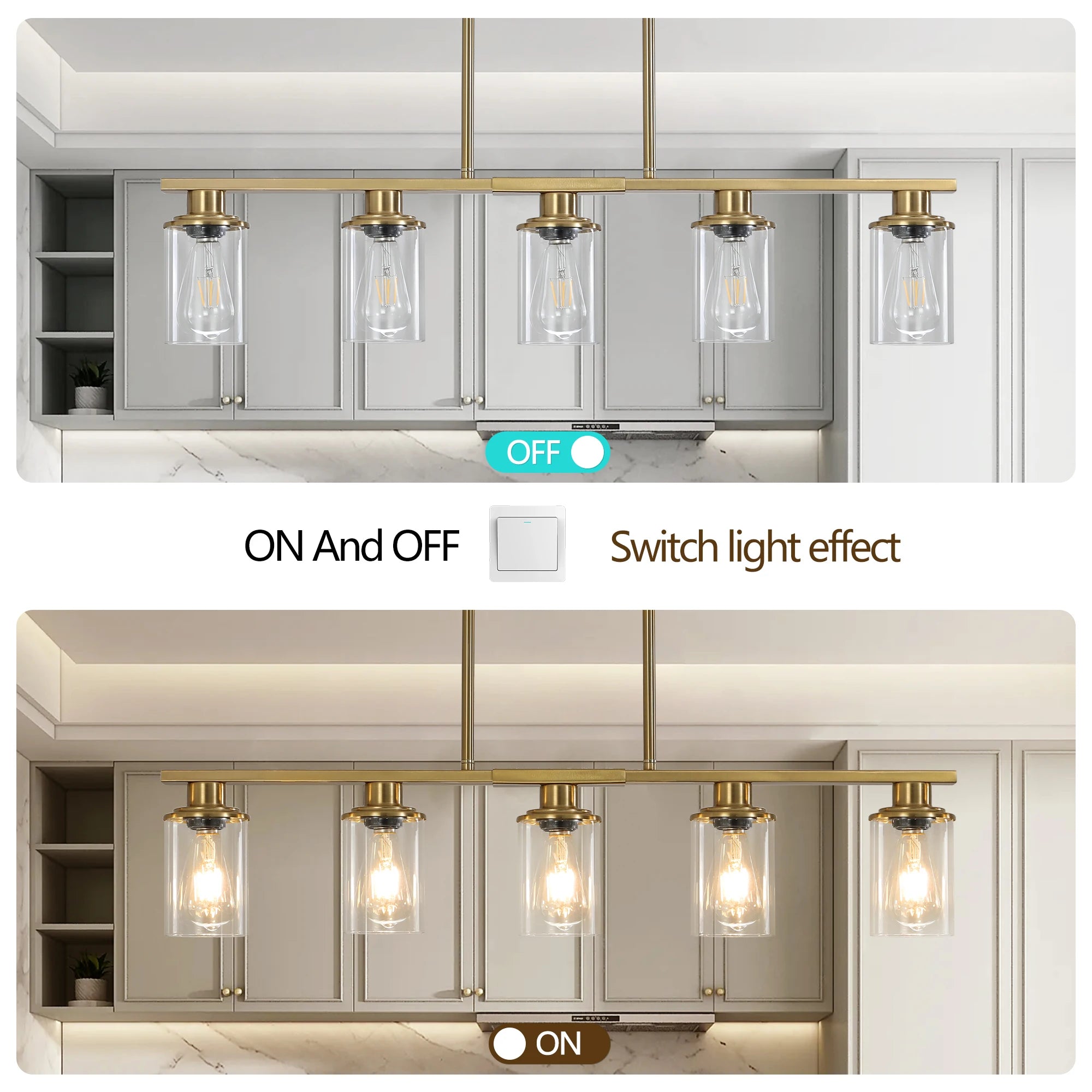 37" Modern Industrial 5-Light Chandelier with Clear Glass Shades, Golden Metal Frame Hanging Ceiling Light Fixture (No Bulbs)