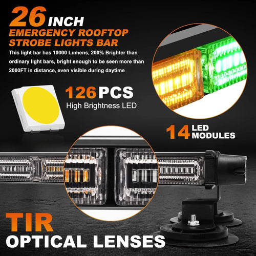 26inch 126 LED Rooftop Emergency Strobe Light Bar Double Side Flashing Amber/Green Safety Warning Traffic Advisor OLIVER