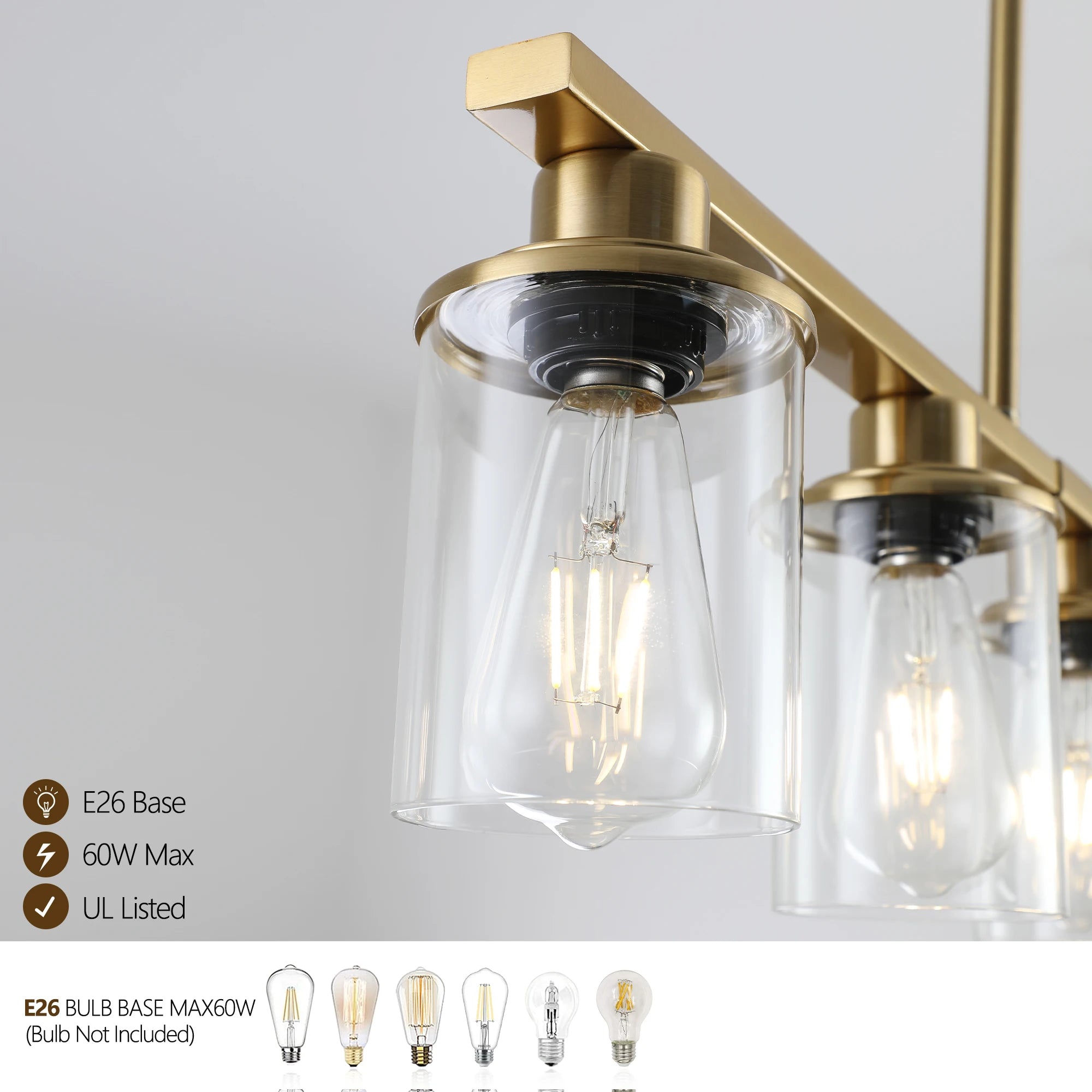 37" Modern Industrial 5-Light Chandelier with Clear Glass Shades, Golden Metal Frame Hanging Ceiling Light Fixture (No Bulbs)