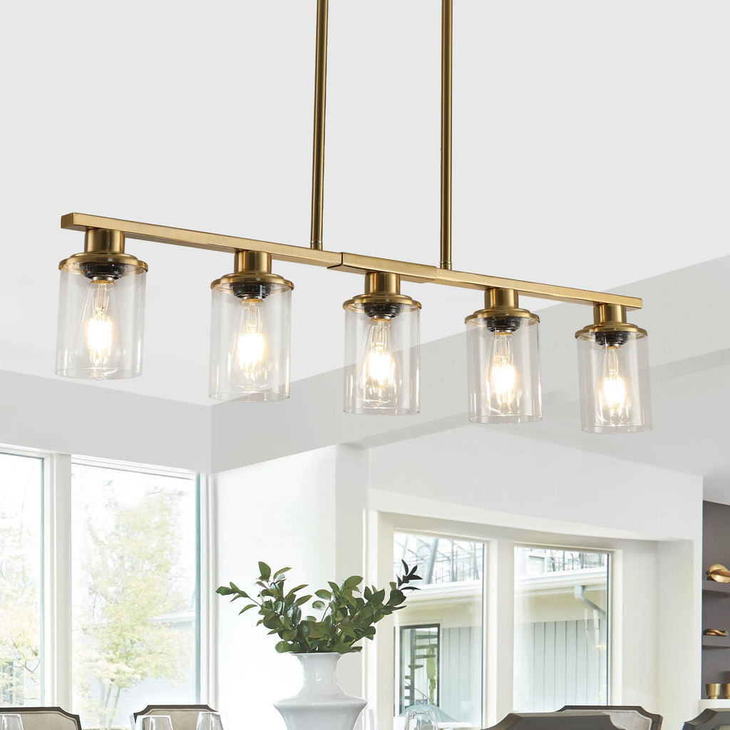 37" Modern Industrial 5-Light Chandelier with Clear Glass Shades, Golden Metal Frame Hanging Ceiling Light Fixture (No Bulbs)