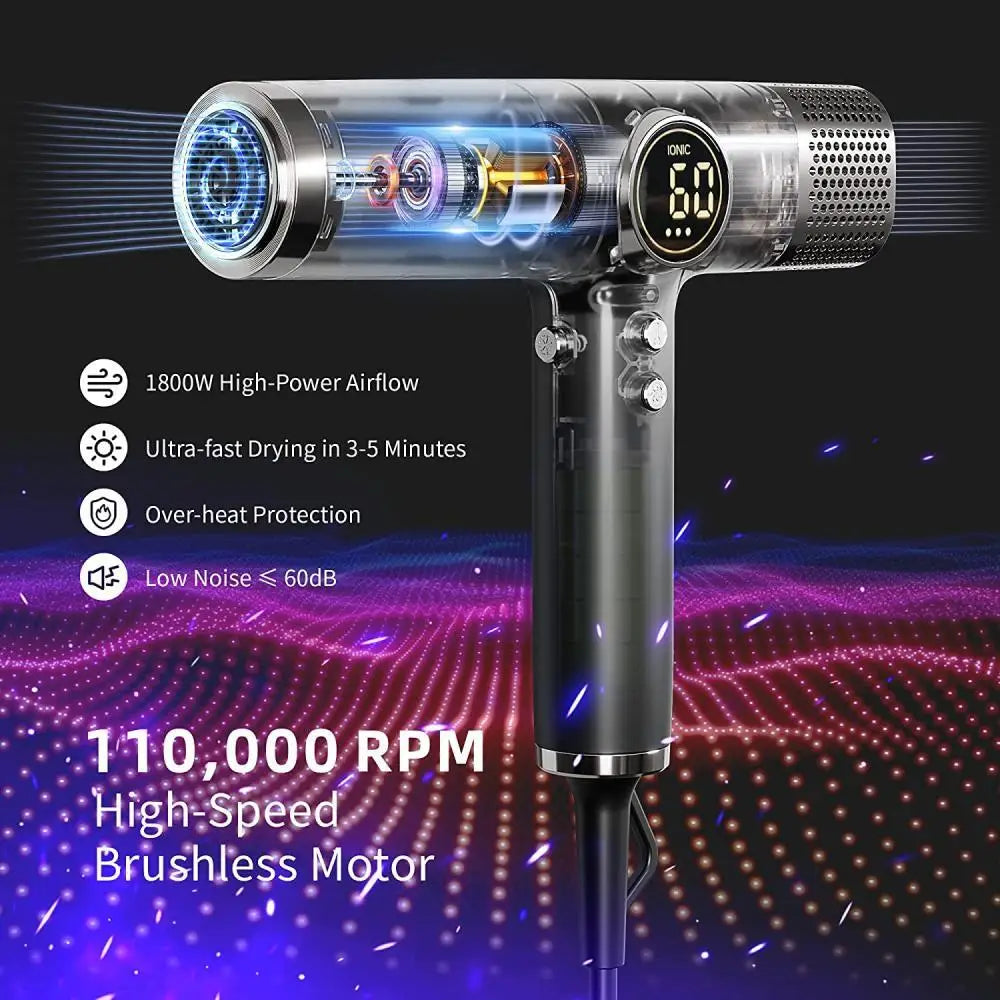 Professional 1800W Salon Hair Dryer Strong Wind Negative Ion High-Speed Auto Wrap for Home Use Secador De Pelo Electric Power