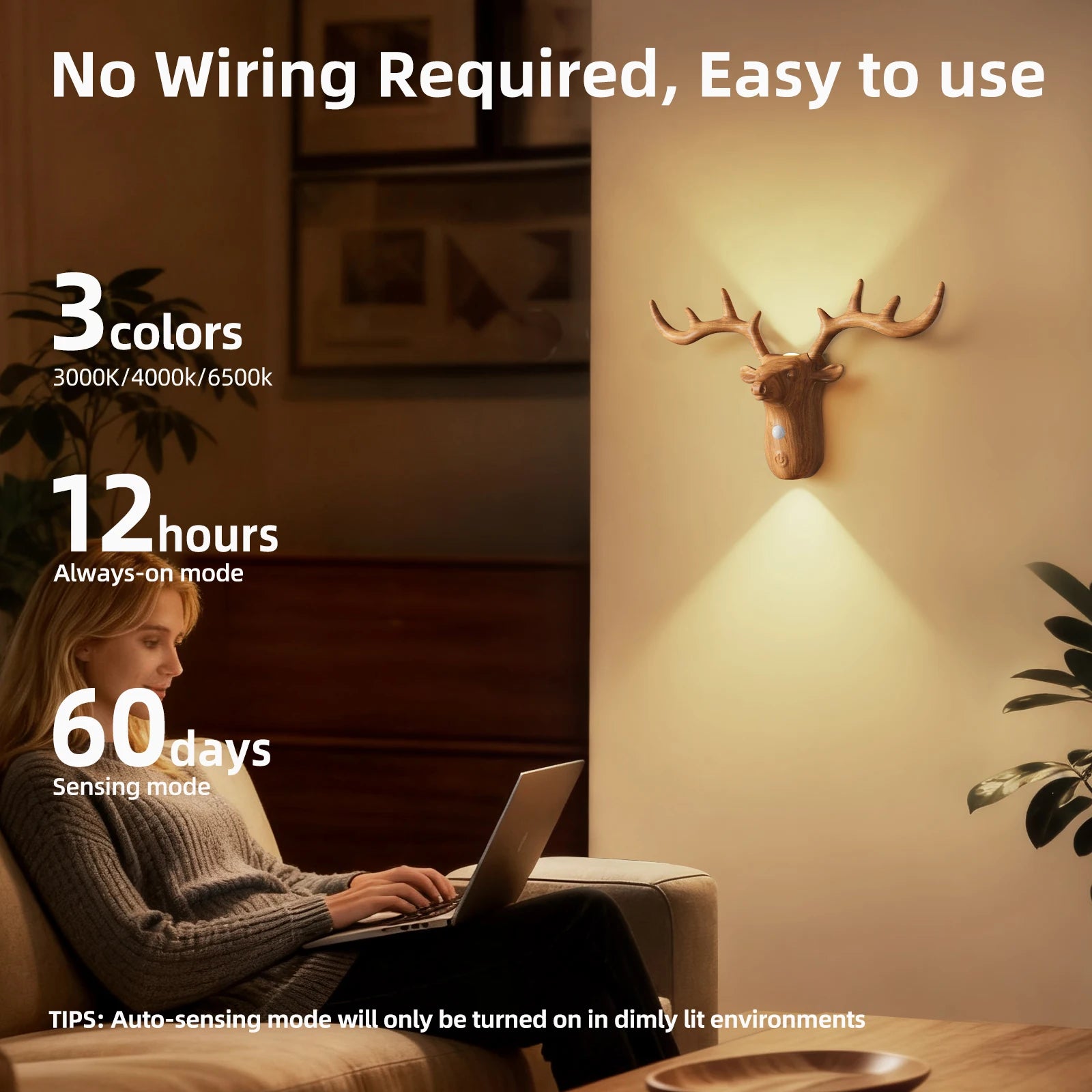 Nordic Wireless Magnetic Motion Sensor Reindeer Wall Light USB Rechargeable Night Light Stair Bedroom Bedside LED Wall Lamps