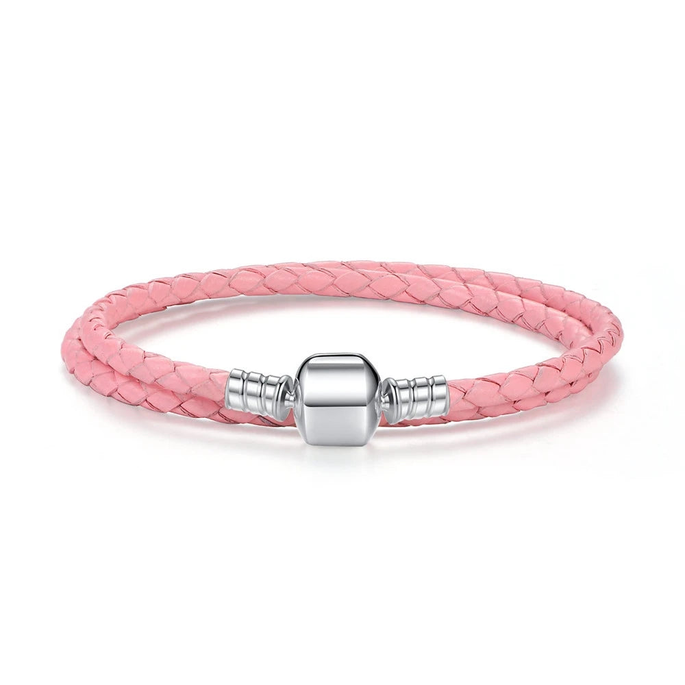 BAMOER Genuine Long Double Pink Black Braided Leather Chain Women Bracelets with 925 Sterling Silver Snake Clasp PAS908
