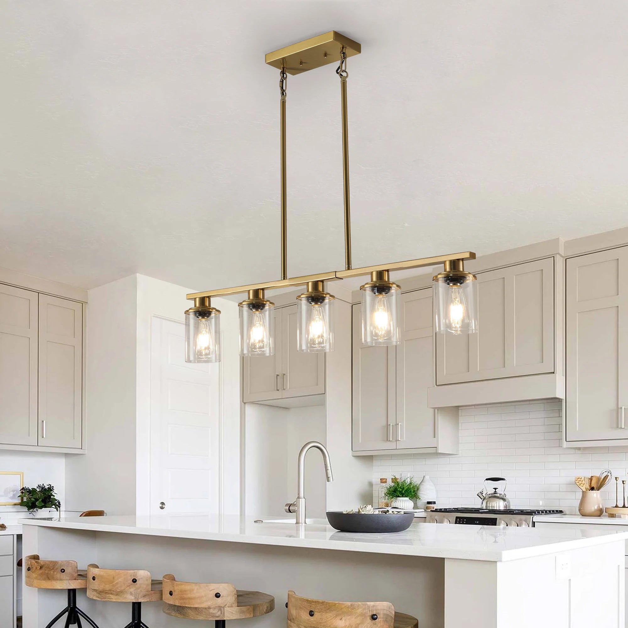 37" Modern Industrial 5-Light Chandelier with Clear Glass Shades, Golden Metal Frame Hanging Ceiling Light Fixture (No Bulbs)