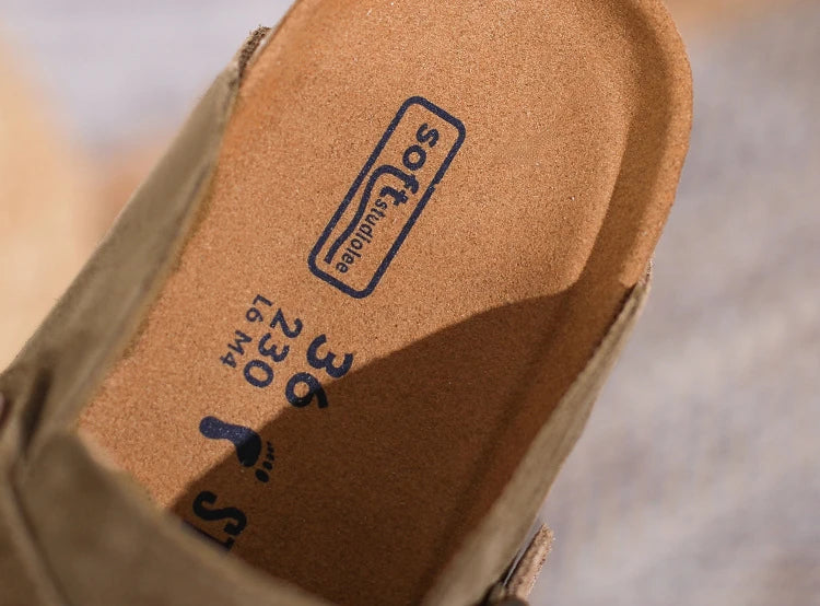 Leather Slippers Women Summer Luxury Sandals Baotou Cork Bottom Half Slippers Outside Cow Suede Flat Slippers Womens Shoes