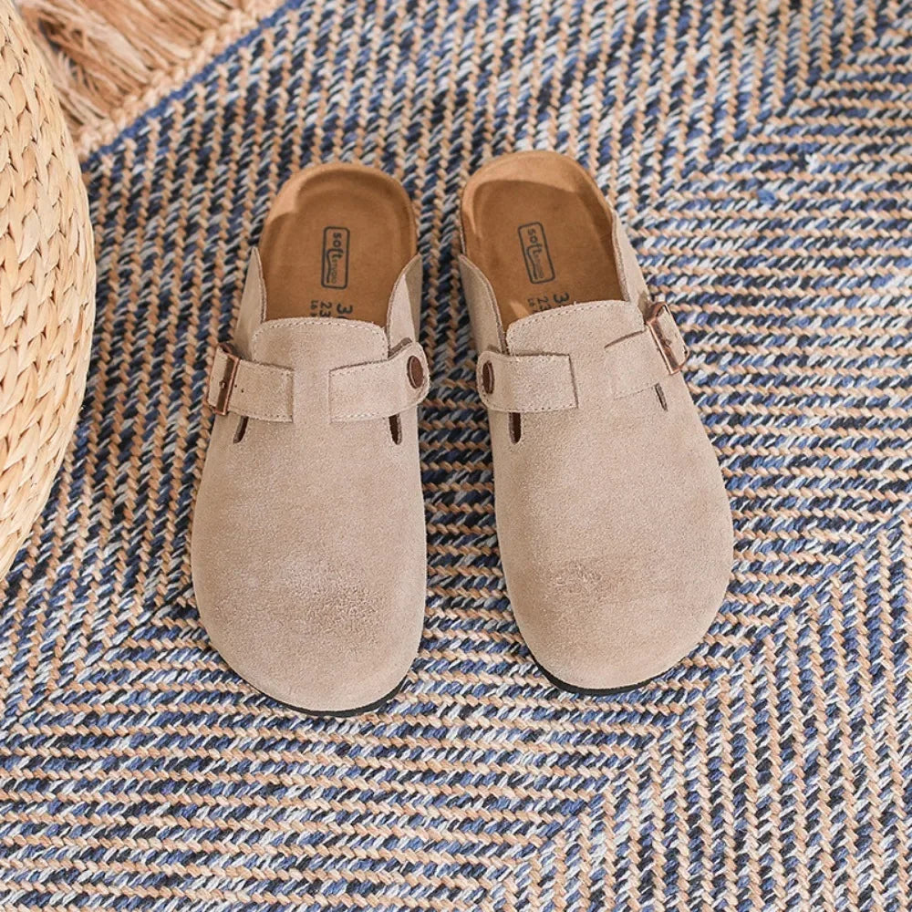 Leather Slippers Women Summer Luxury Sandals Baotou Cork Bottom Half Slippers Outside Cow Suede Flat Slippers Womens Shoes