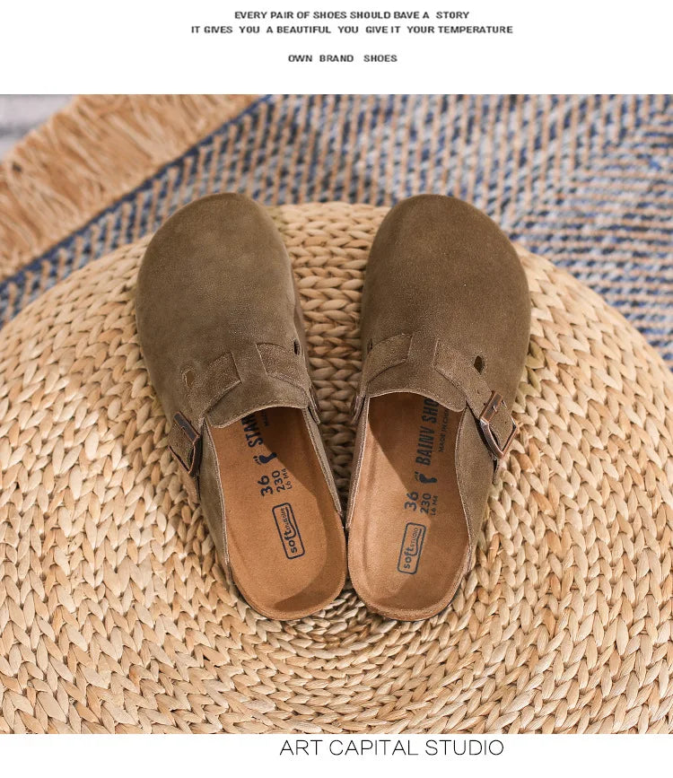 Leather Slippers Women Summer Luxury Sandals Baotou Cork Bottom Half Slippers Outside Cow Suede Flat Slippers Womens Shoes