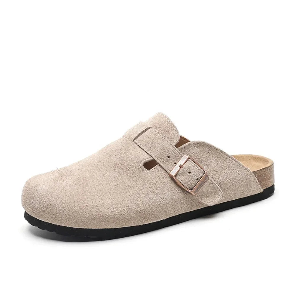 Leather Slippers Women Summer Luxury Sandals Baotou Cork Bottom Half Slippers Outside Cow Suede Flat Slippers Womens Shoes
