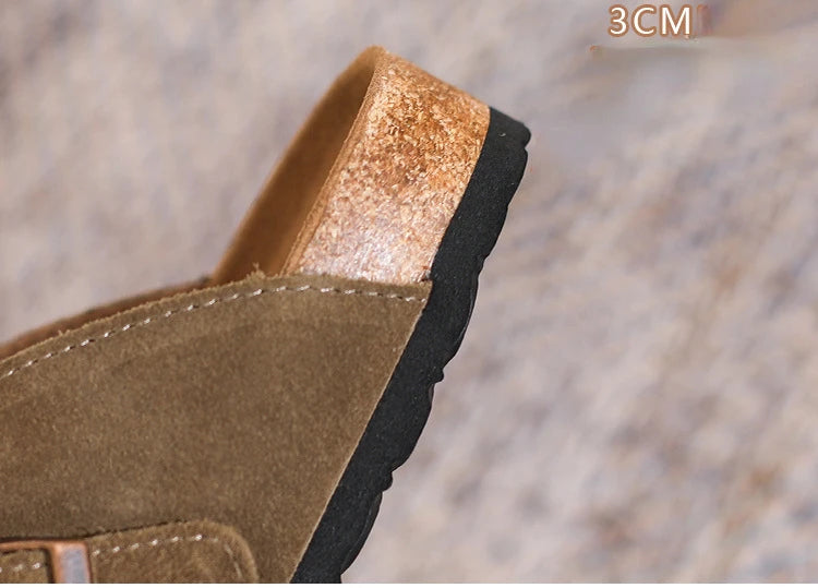 Leather Slippers Women Summer Luxury Sandals Baotou Cork Bottom Half Slippers Outside Cow Suede Flat Slippers Womens Shoes