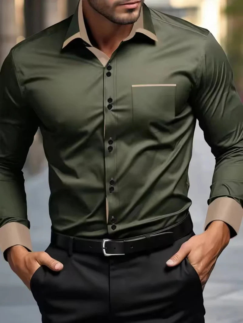 Men's light blue slim fit formal shirt, long sleeved contrasting collar business casual workplace shirt