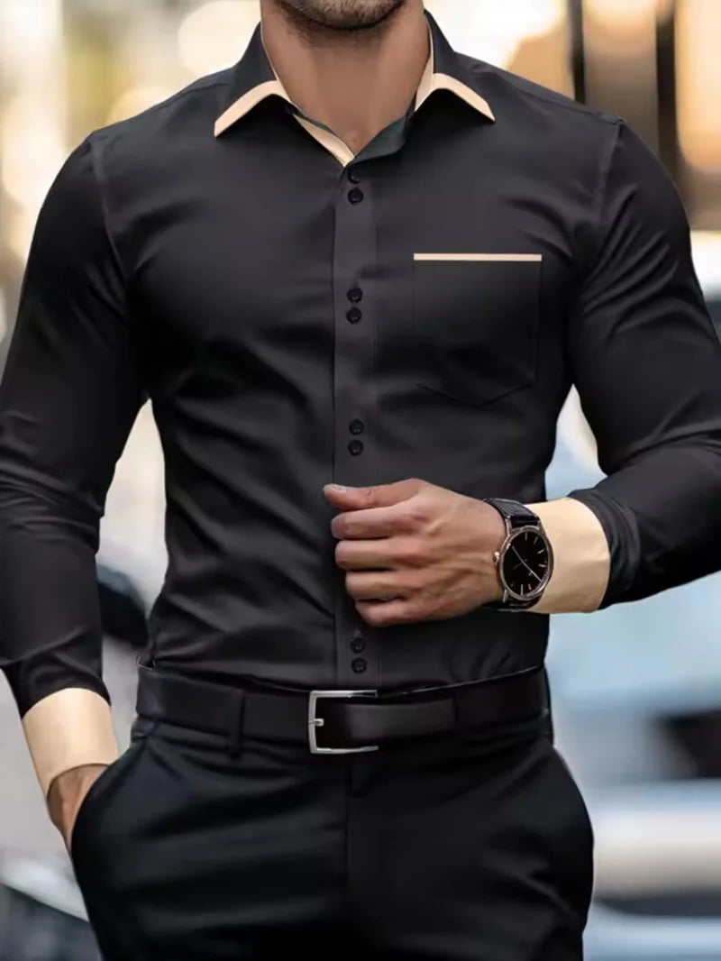 Men's light blue slim fit formal shirt, long sleeved contrasting collar business casual workplace shirt