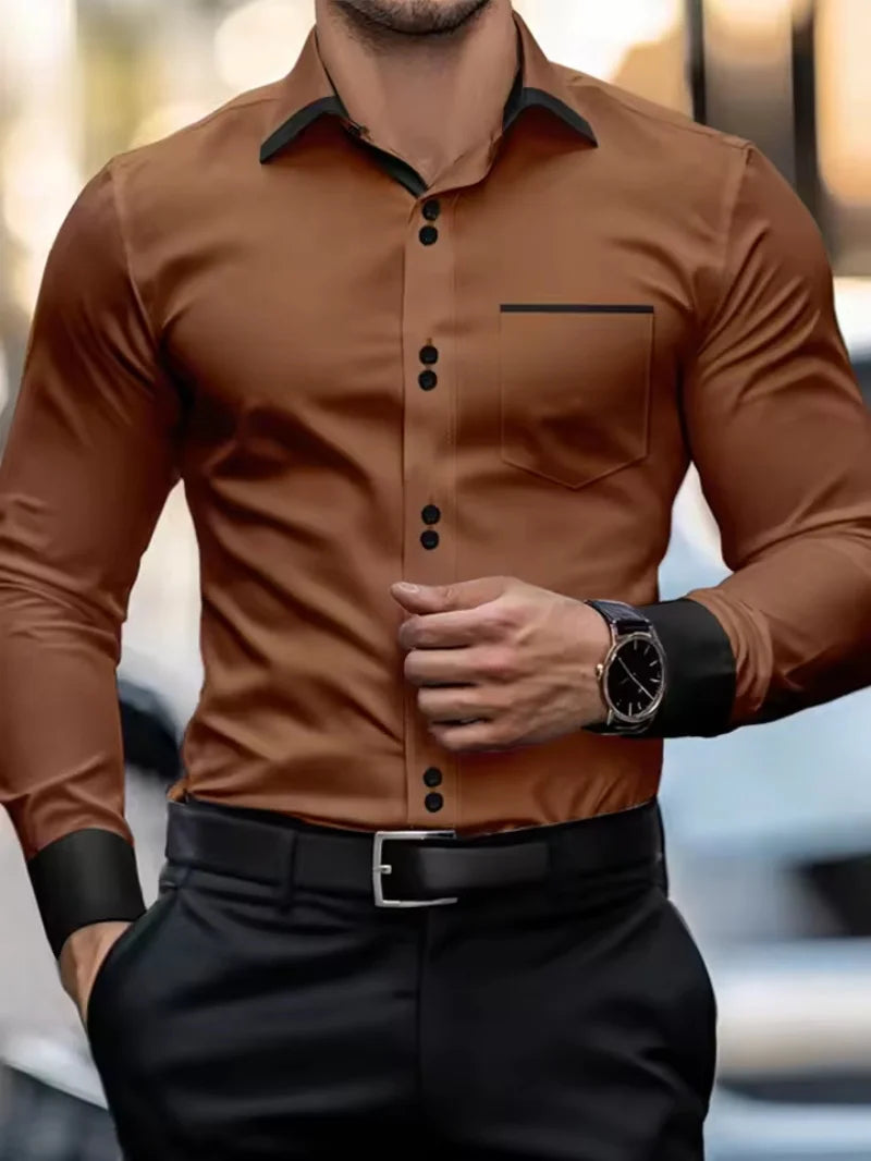 Men's light blue slim fit formal shirt, long sleeved contrasting collar business casual workplace shirt