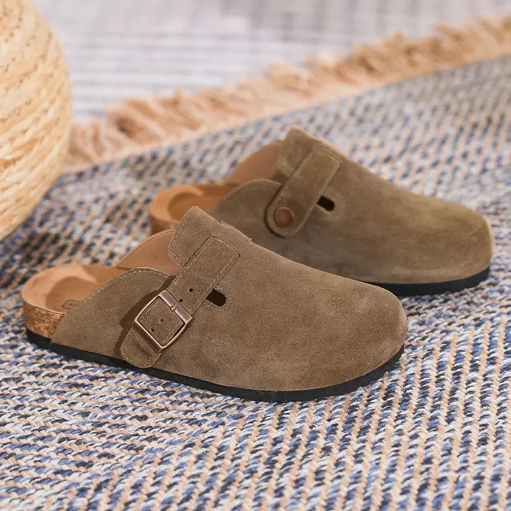 Leather Slippers Women Summer Luxury Sandals Baotou Cork Bottom Half Slippers Outside Cow Suede Flat Slippers Womens Shoes