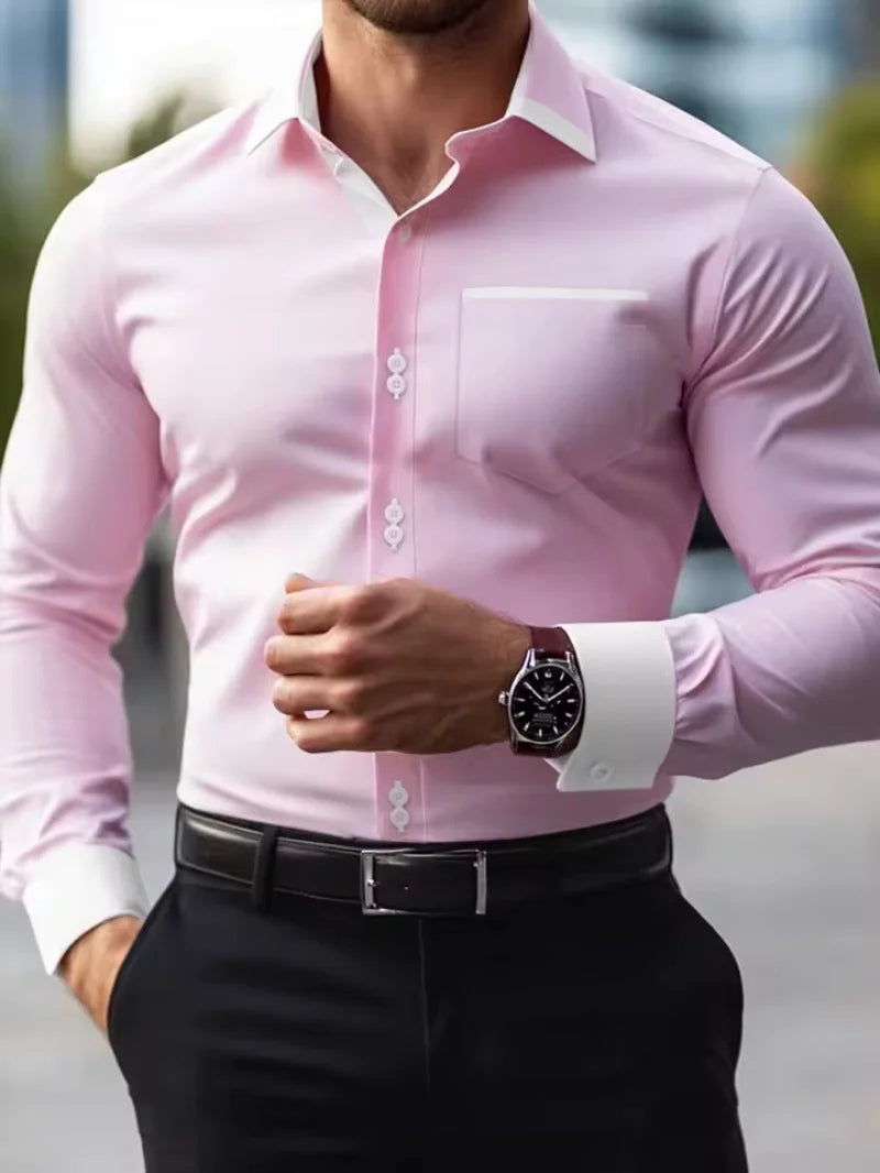 Men's light blue slim fit formal shirt, long sleeved contrasting collar business casual workplace shirt