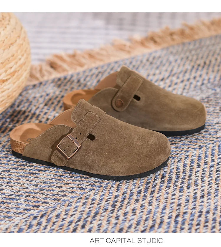 Leather Slippers Women Summer Luxury Sandals Baotou Cork Bottom Half Slippers Outside Cow Suede Flat Slippers Womens Shoes