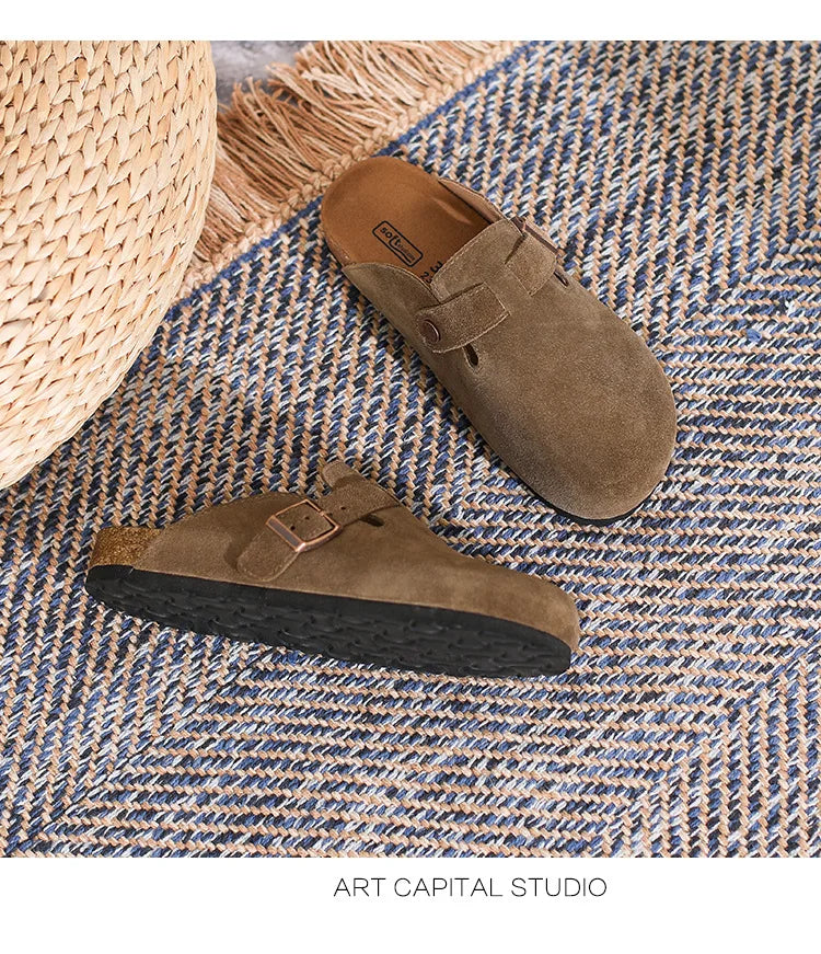 Leather Slippers Women Summer Luxury Sandals Baotou Cork Bottom Half Slippers Outside Cow Suede Flat Slippers Womens Shoes