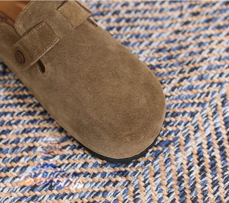 Leather Slippers Women Summer Luxury Sandals Baotou Cork Bottom Half Slippers Outside Cow Suede Flat Slippers Womens Shoes