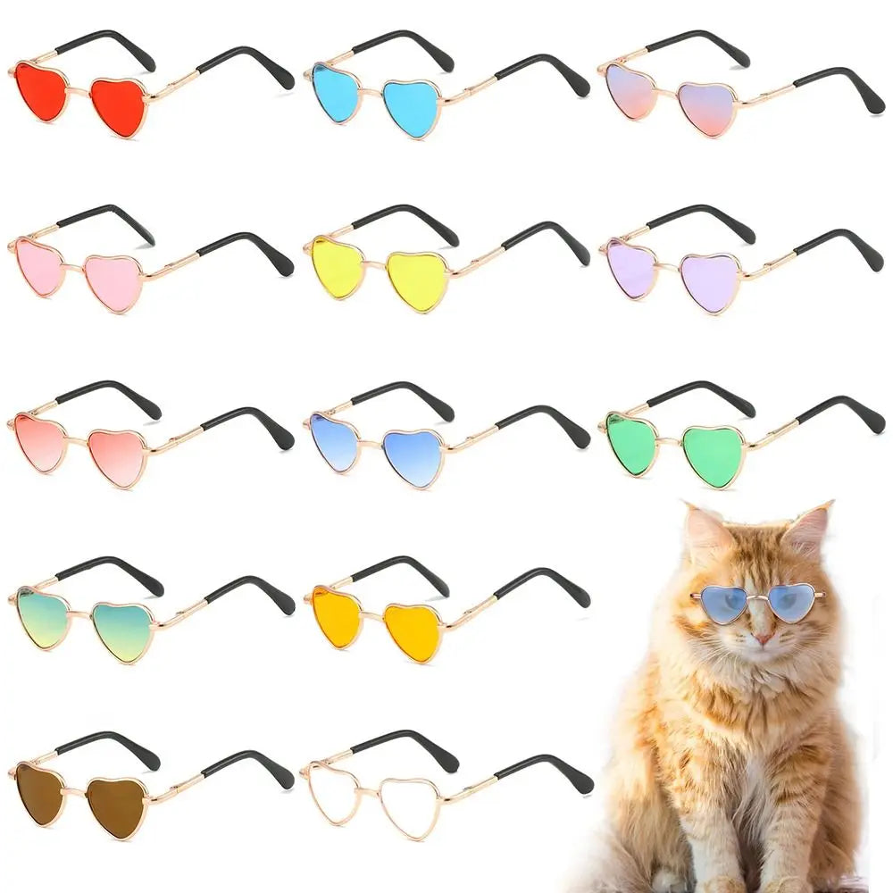 Funny Heart-Shaped Cat Dog Sunglasses Party Cosplay Costume Pet Glasses Photo Props Metal Sunglasses for Cats Small Dogs Dolls