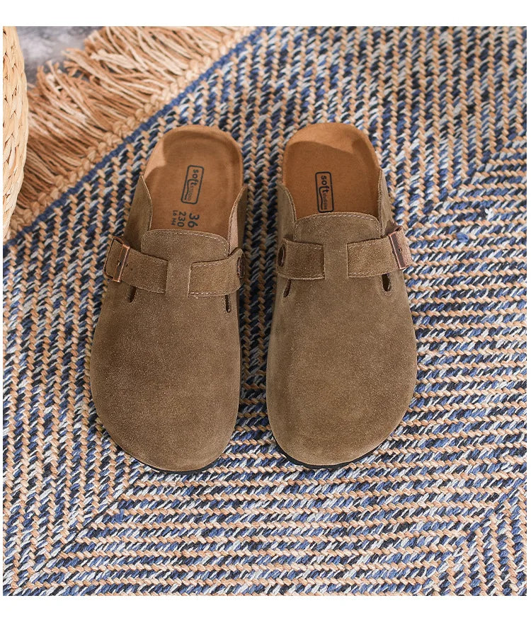 Leather Slippers Women Summer Luxury Sandals Baotou Cork Bottom Half Slippers Outside Cow Suede Flat Slippers Womens Shoes