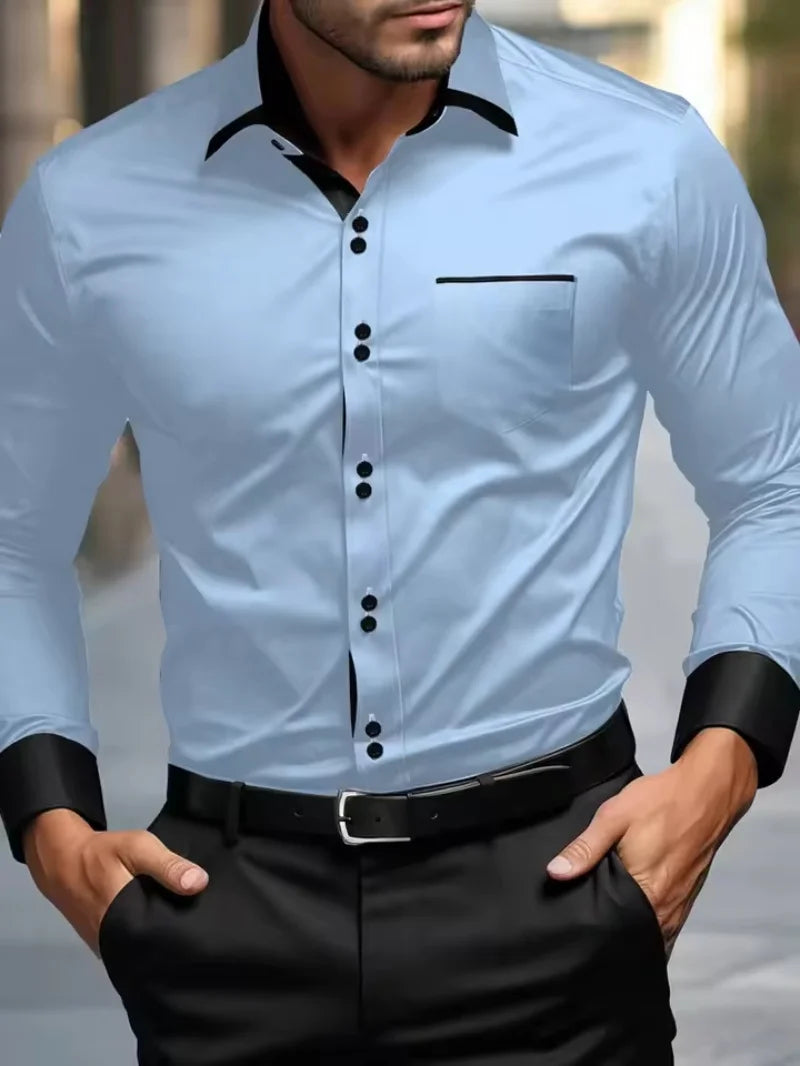 Men's light blue slim fit formal shirt, long sleeved contrasting collar business casual workplace shirt