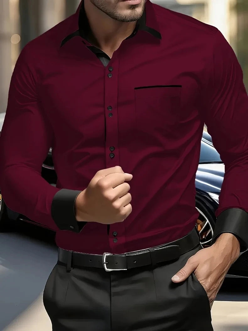 Men's light blue slim fit formal shirt, long sleeved contrasting collar business casual workplace shirt