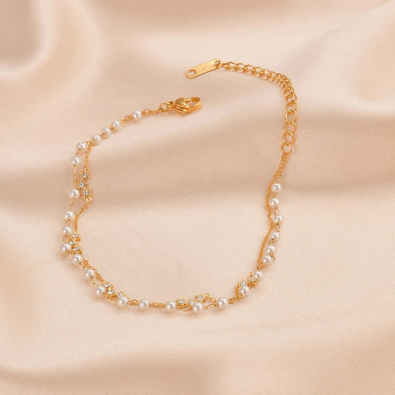 Romantic Imitation Pearls Wedding Bracelets Double Layers Stainless Steel Women Star Charms Engagement Jewelry Girlfriend Gifts