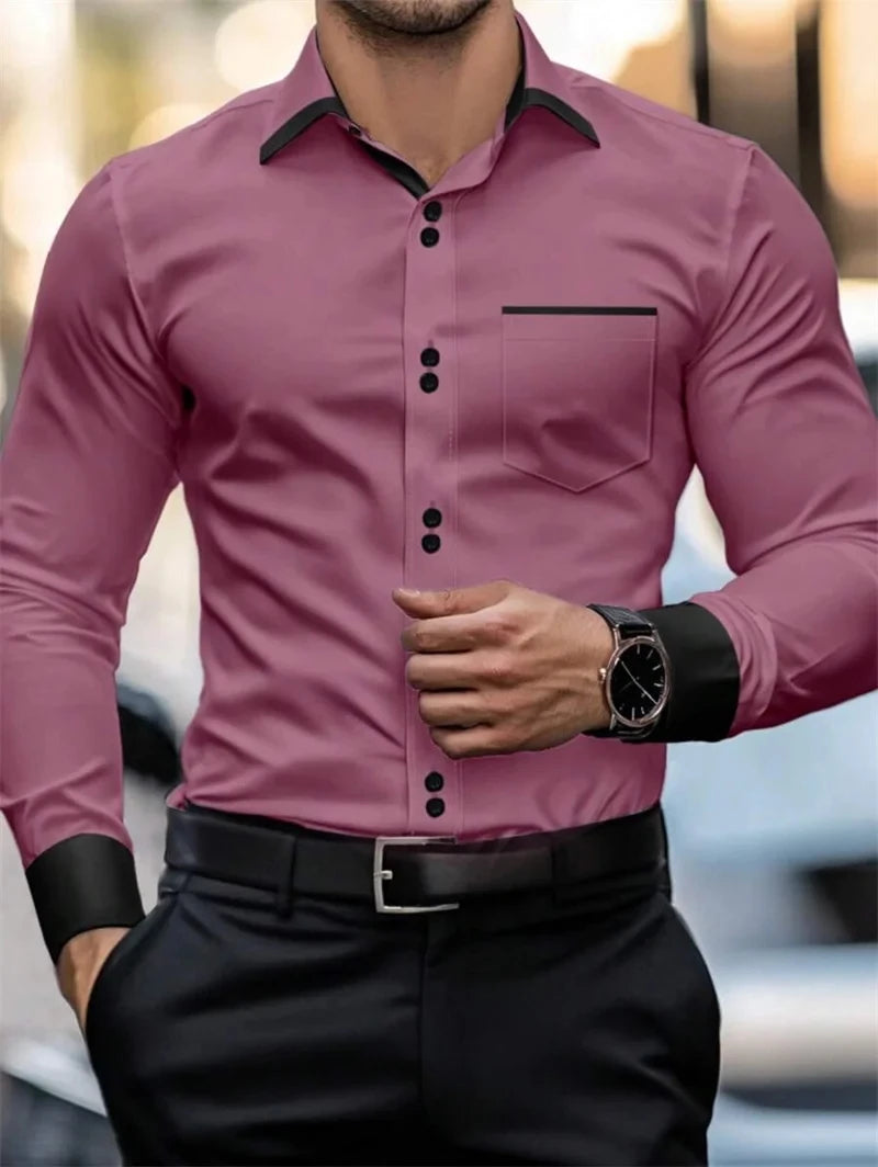 Men's light blue slim fit formal shirt, long sleeved contrasting collar business casual workplace shirt