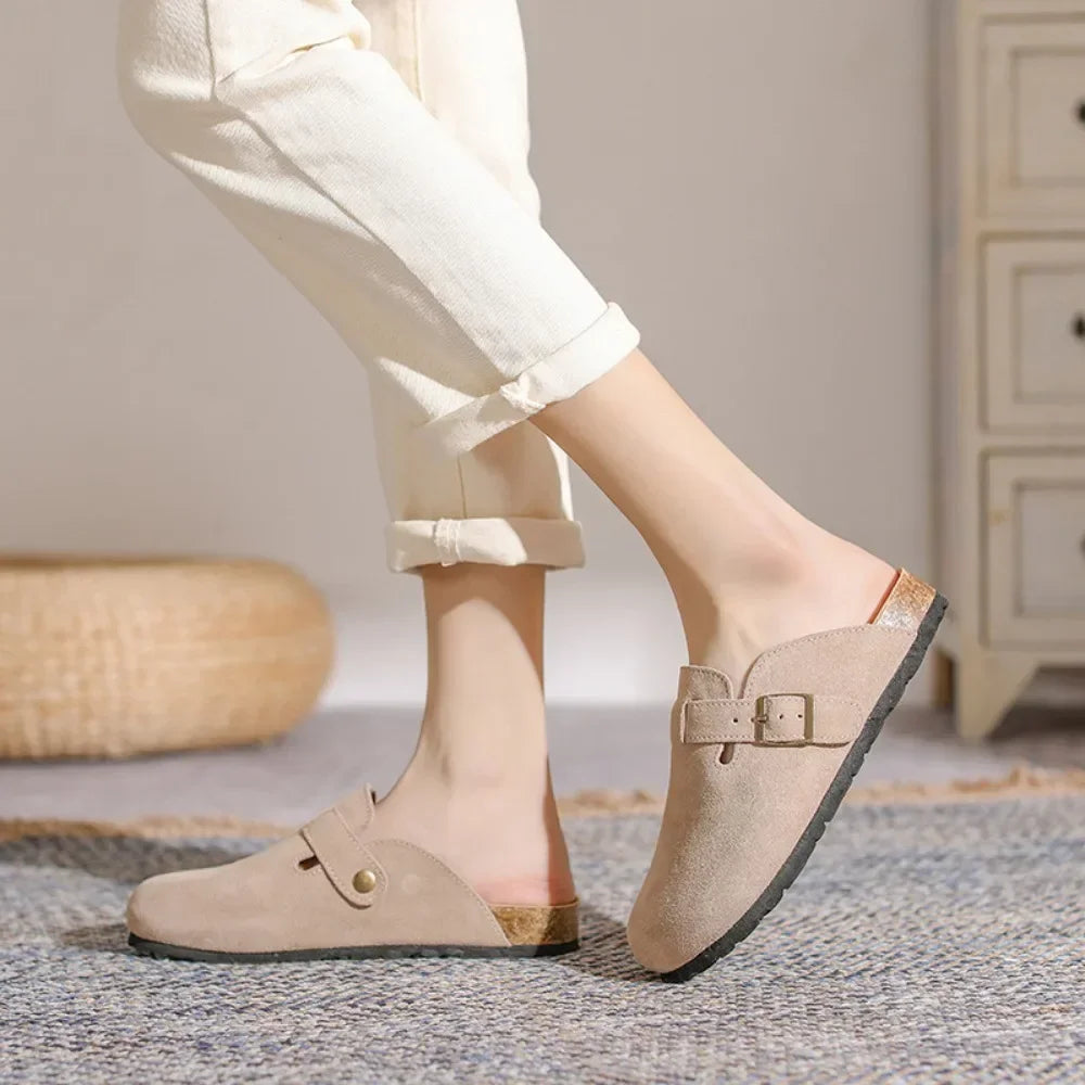 Leather Slippers Women Summer Luxury Sandals Baotou Cork Bottom Half Slippers Outside Cow Suede Flat Slippers Womens Shoes