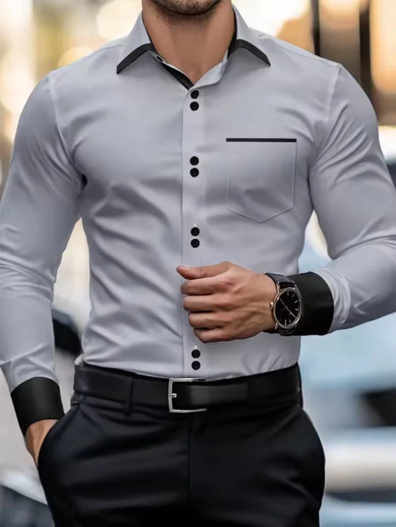Men's light blue slim fit formal shirt, long sleeved contrasting collar business casual workplace shirt