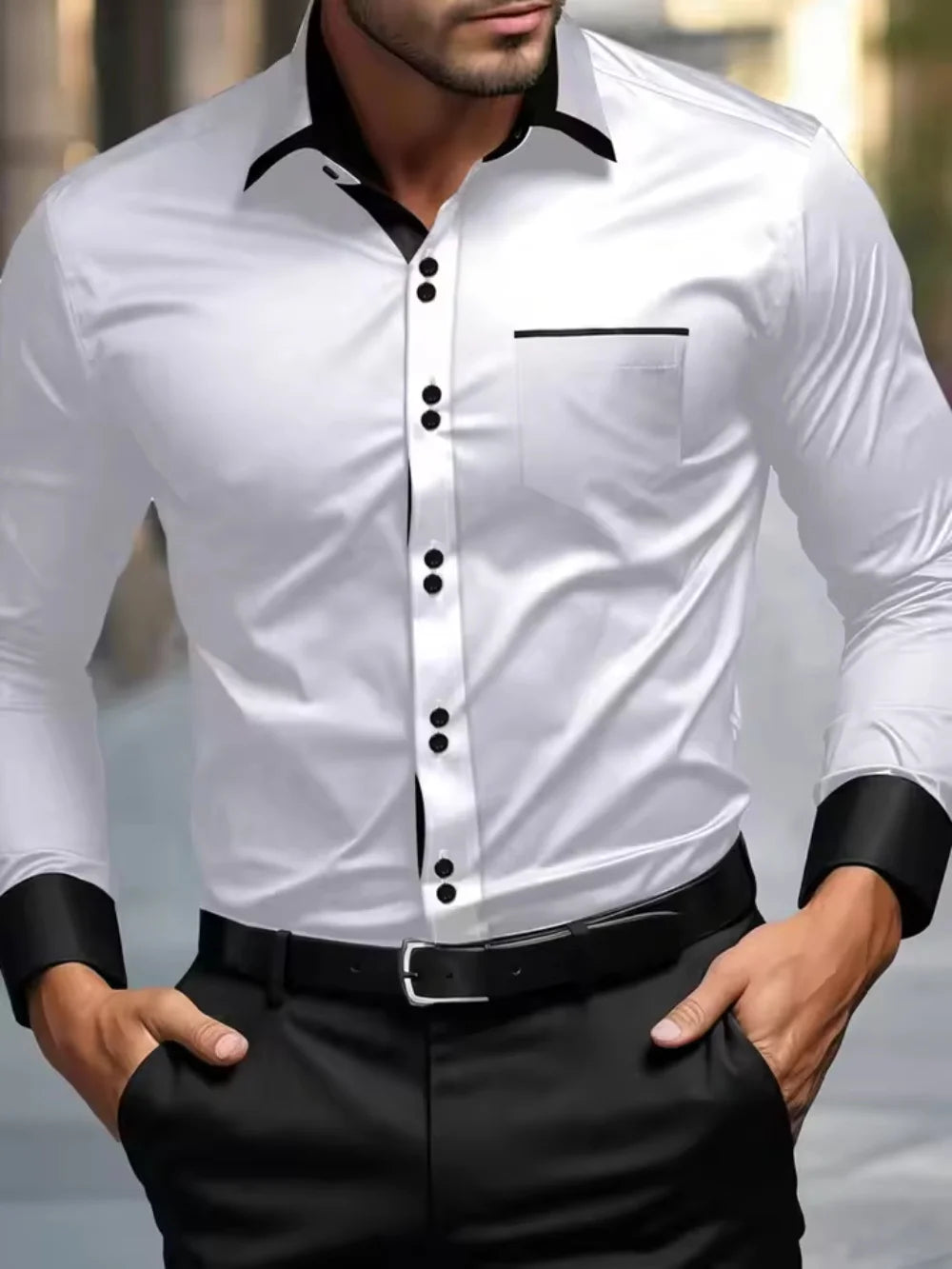 Men's light blue slim fit formal shirt, long sleeved contrasting collar business casual workplace shirt