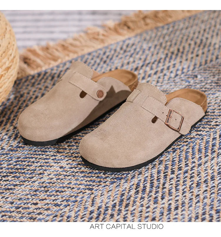 Leather Slippers Women Summer Luxury Sandals Baotou Cork Bottom Half Slippers Outside Cow Suede Flat Slippers Womens Shoes