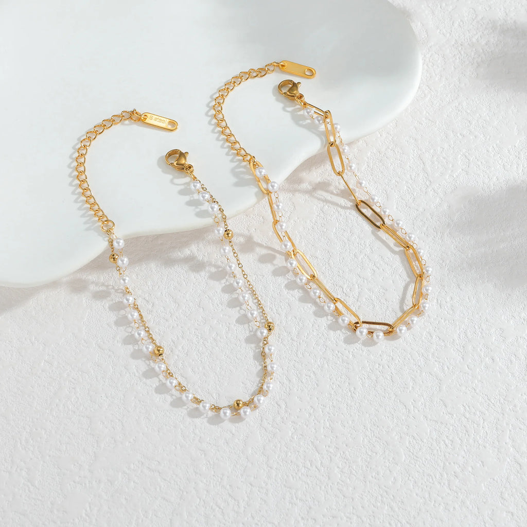 Romantic Imitation Pearls Wedding Bracelets Double Layers Stainless Steel Women Star Charms Engagement Jewelry Girlfriend Gifts