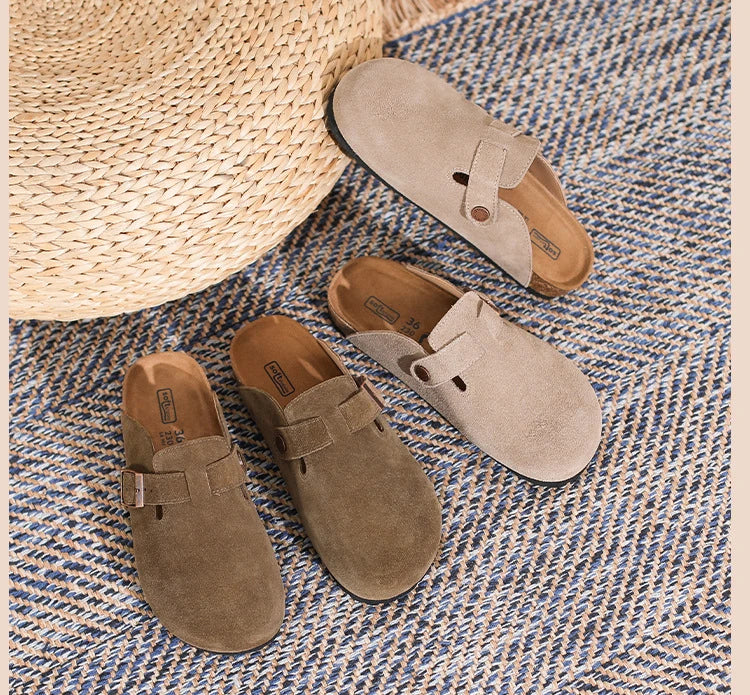 Leather Slippers Women Summer Luxury Sandals Baotou Cork Bottom Half Slippers Outside Cow Suede Flat Slippers Womens Shoes