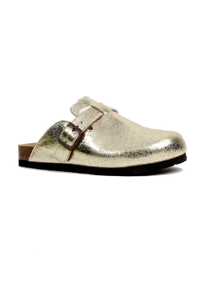 Leather Slippers Women Summer Luxury Sandals Baotou Cork Bottom Half Slippers Outside Cow Suede Flat Slippers Womens Shoes