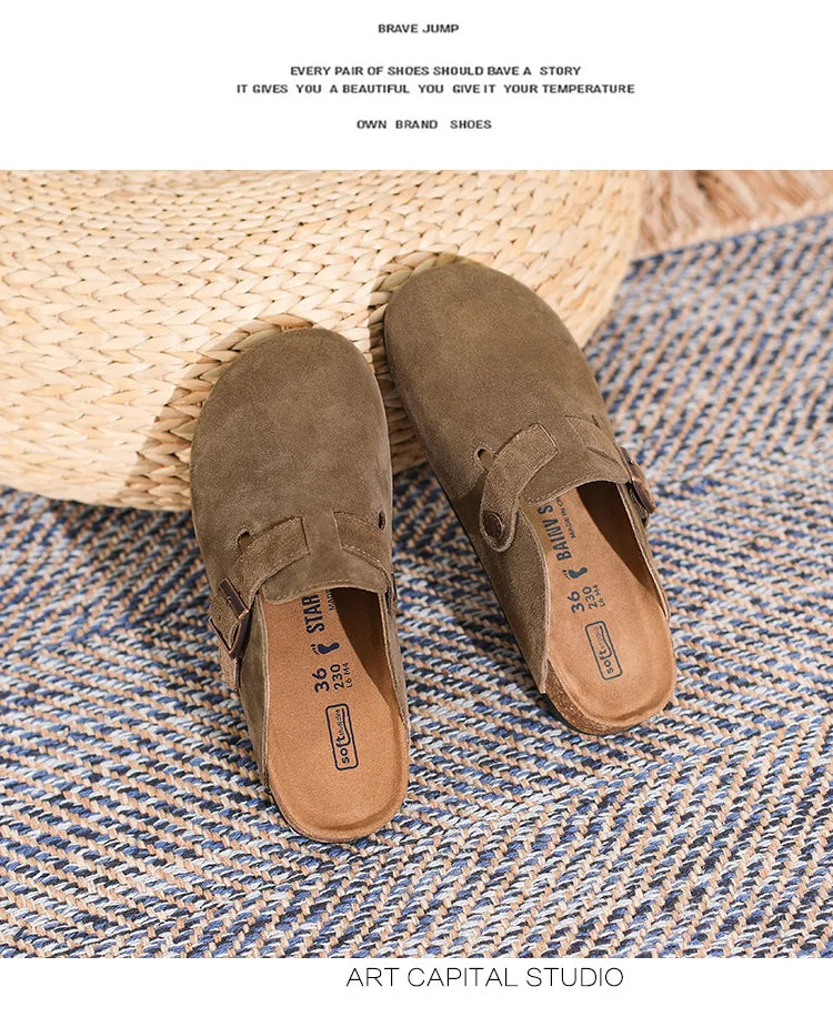 Leather Slippers Women Summer Luxury Sandals Baotou Cork Bottom Half Slippers Outside Cow Suede Flat Slippers Womens Shoes