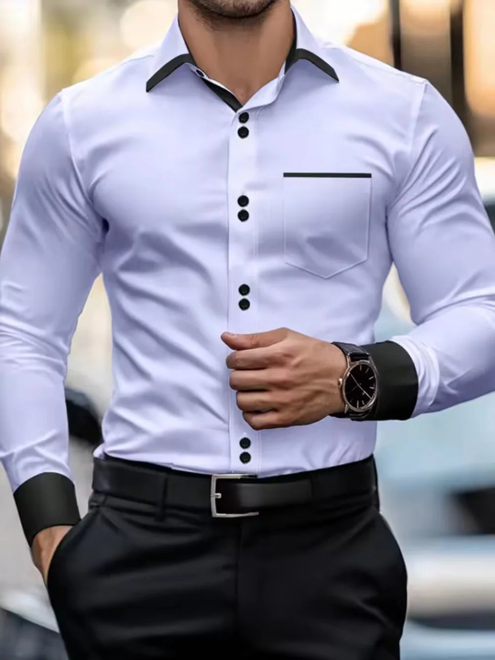 Men's light blue slim fit formal shirt, long sleeved contrasting collar business casual workplace shirt