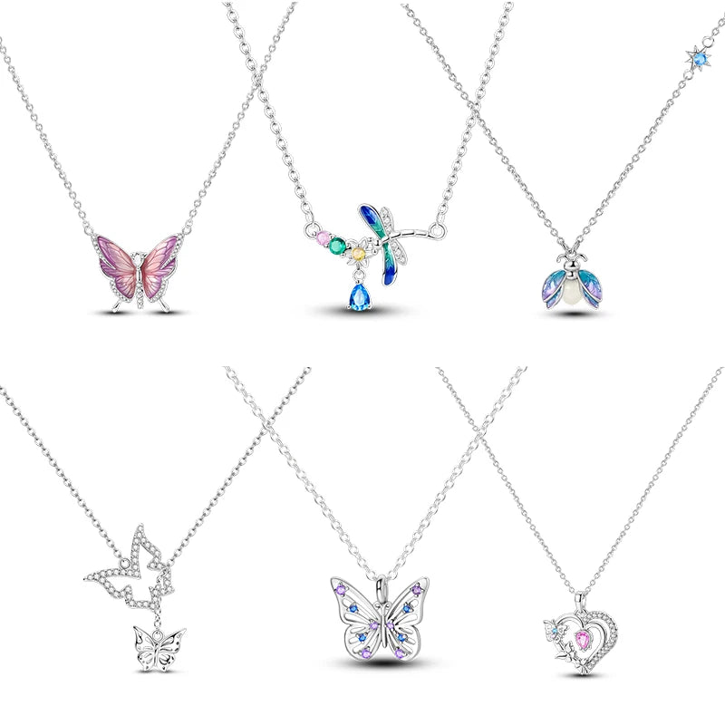 Butterfly Necklace 925 Sterling Silver Original Dragonfly Luminous Firefly Zircon Pendant Chain Link For Women Fine Jewelry Gift