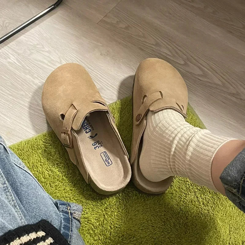 Leather Slippers Women Summer Luxury Sandals Baotou Cork Bottom Half Slippers Outside Cow Suede Flat Slippers Womens Shoes